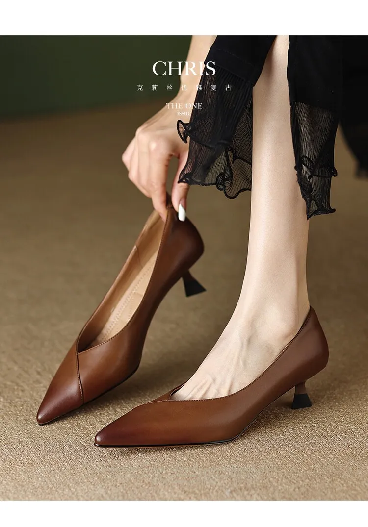 Plus-size spring style stiletto leather flats, French pointed toe low-cut high heels, black work shoes