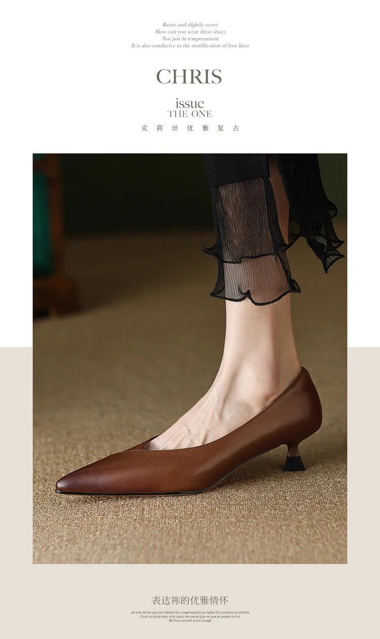 Plus-size spring style stiletto leather flats, French pointed toe low-cut high heels, black work shoes
