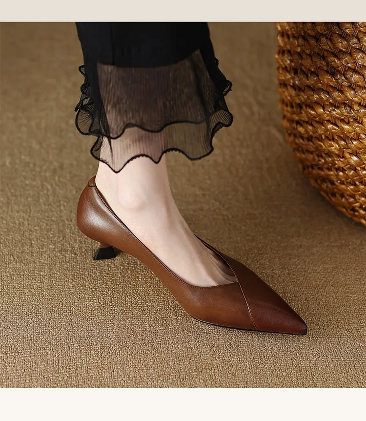 Plus-size spring style stiletto leather flats, French pointed toe low-cut high heels, black work shoes