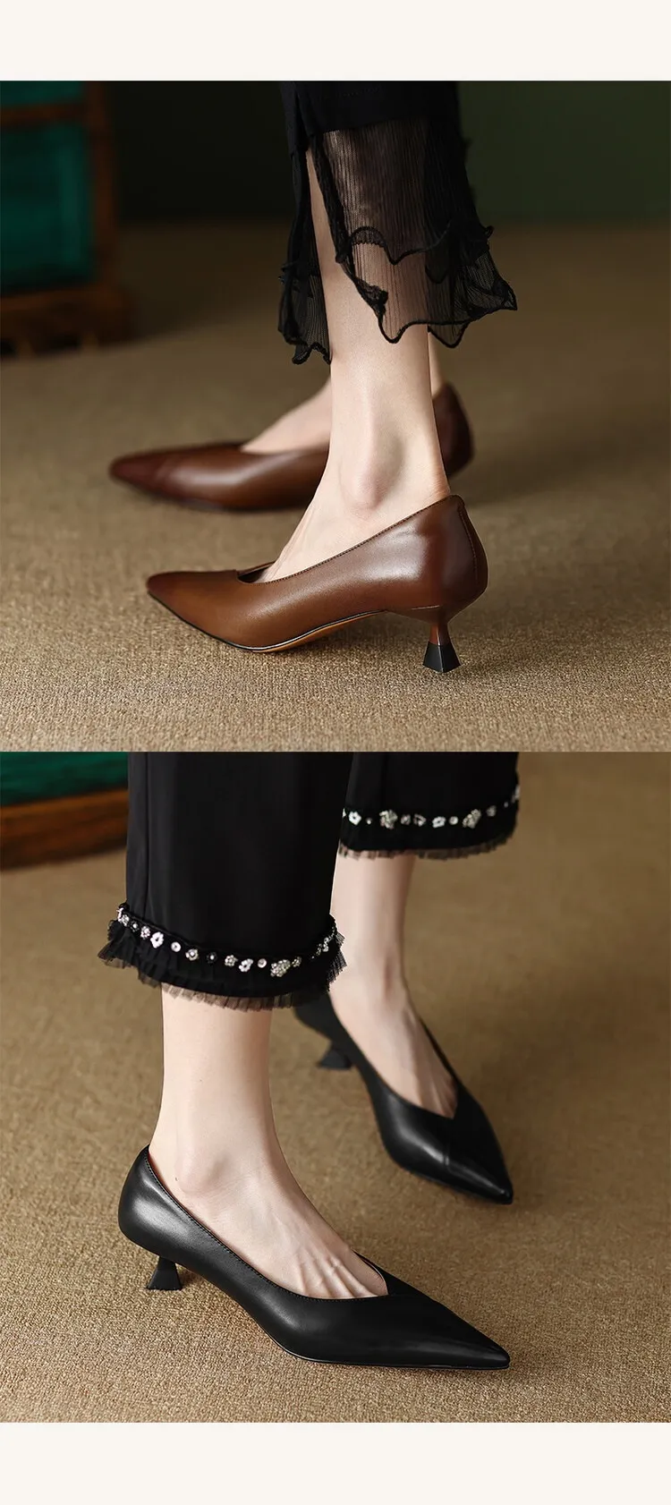 Plus-size spring style stiletto leather flats, French pointed toe low-cut high heels, black work shoes