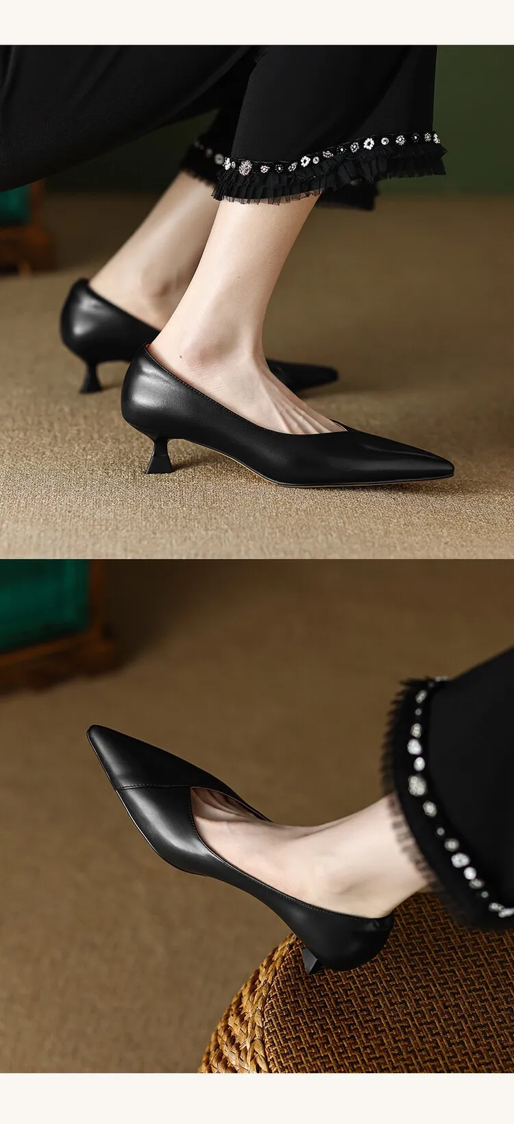 Plus-size spring style stiletto leather flats, French pointed toe low-cut high heels, black work shoes
