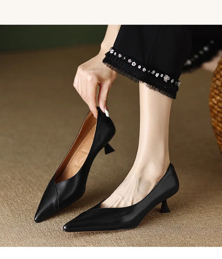 Plus-size spring style stiletto leather flats, French pointed toe low-cut high heels, black work shoes