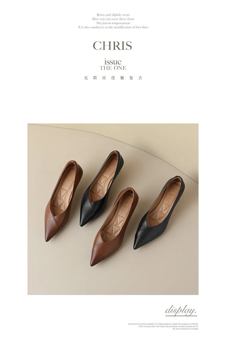 Plus-size spring style stiletto leather flats, French pointed toe low-cut high heels, black work shoes