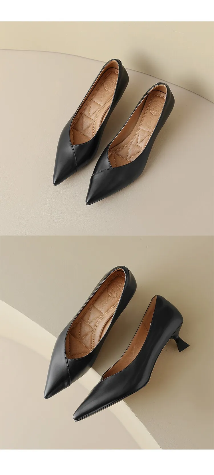 Plus-size spring style stiletto leather flats, French pointed toe low-cut high heels, black work shoes