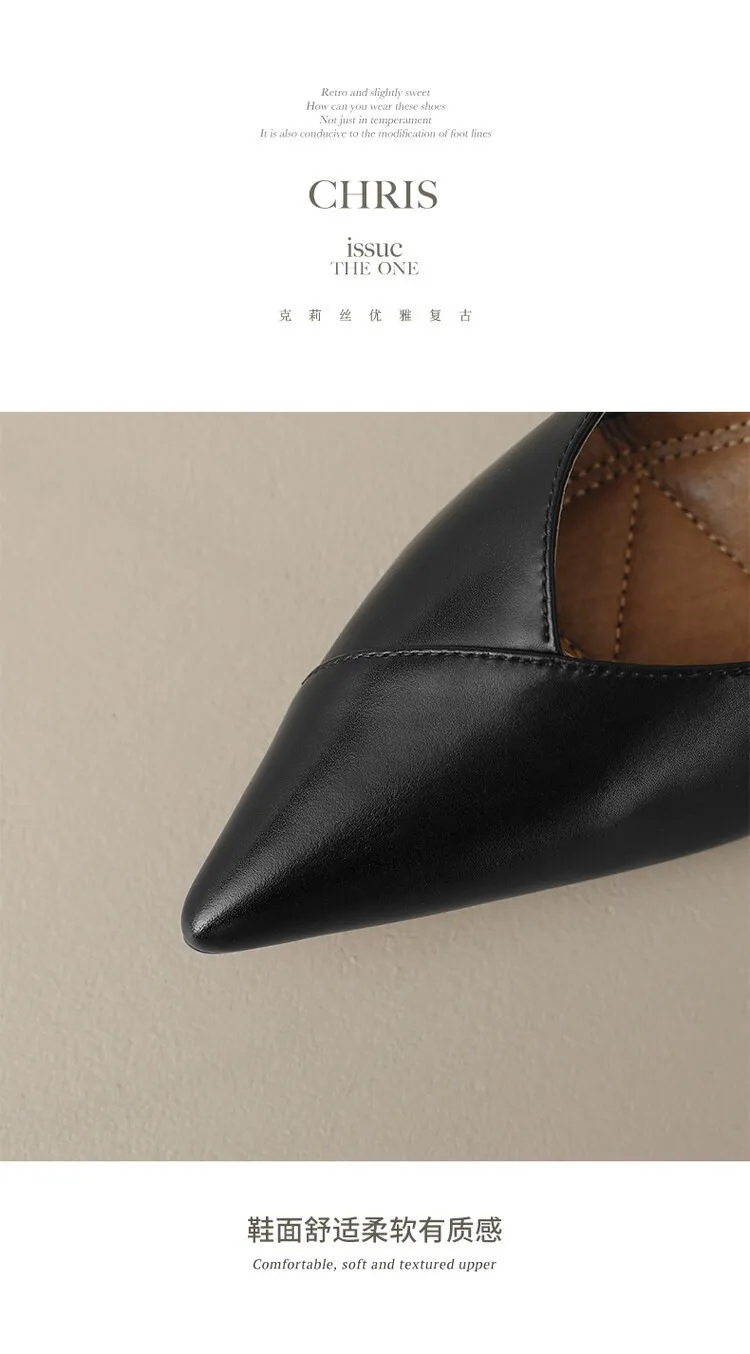 Plus-size spring style stiletto leather flats, French pointed toe low-cut high heels, black work shoes