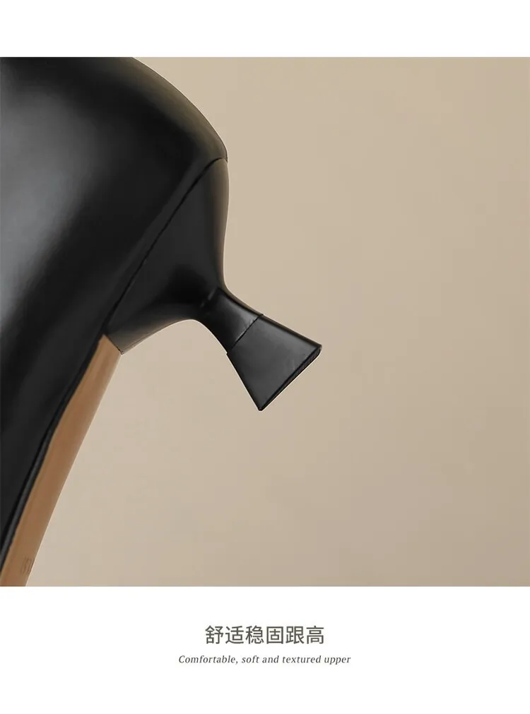 Plus-size spring style stiletto leather flats, French pointed toe low-cut high heels, black work shoes