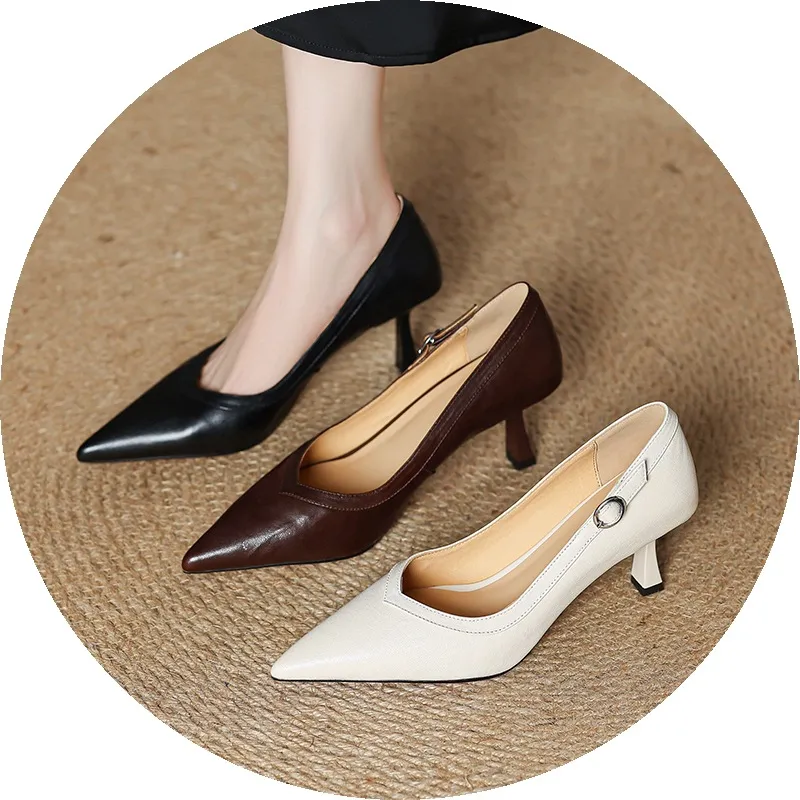 Women's stiletto heels, spring and autumn sheepskin pointed toe low-cut single shoes, plus size