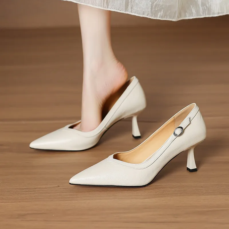 Women's stiletto heels, spring and autumn sheepskin pointed toe low-cut single shoes, plus size