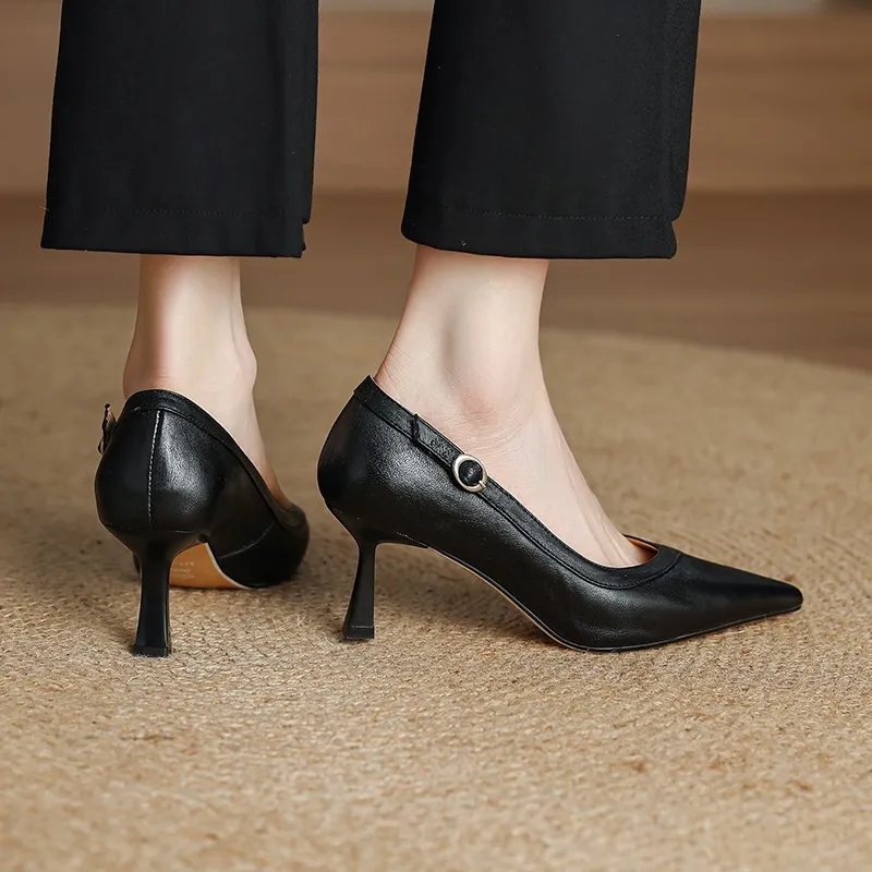 Women's stiletto heels, spring and autumn sheepskin pointed toe low-cut single shoes, plus size