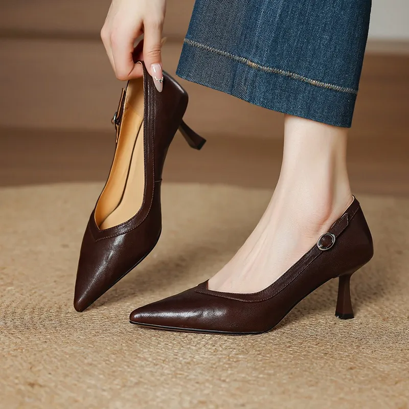 Women's stiletto heels, spring and autumn sheepskin pointed toe low-cut single shoes, plus size
