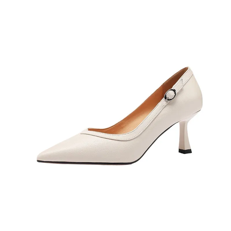 Women's stiletto heels, spring and autumn sheepskin pointed toe low-cut single shoes, plus size