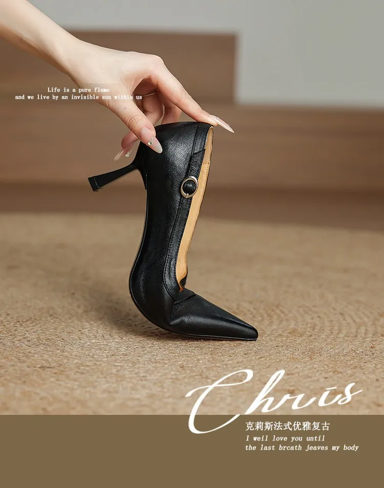 Women's stiletto heels, spring and autumn sheepskin pointed toe low-cut single shoes, plus size