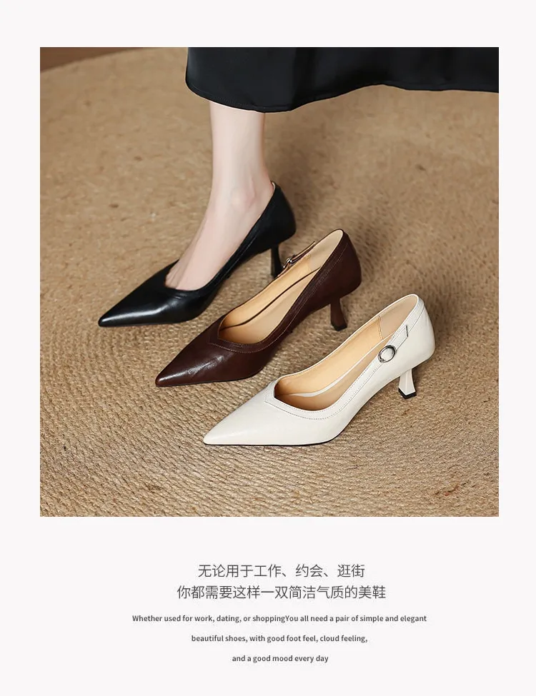 Women's stiletto heels, spring and autumn sheepskin pointed toe low-cut single shoes, plus size