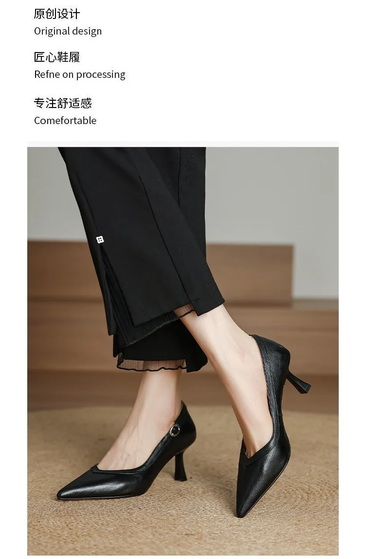 Women's stiletto heels, spring and autumn sheepskin pointed toe low-cut single shoes, plus size