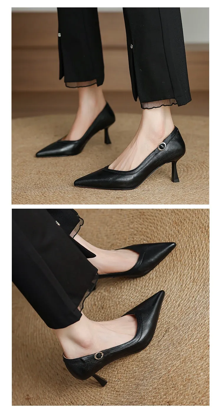Women's stiletto heels, spring and autumn sheepskin pointed toe low-cut single shoes, plus size