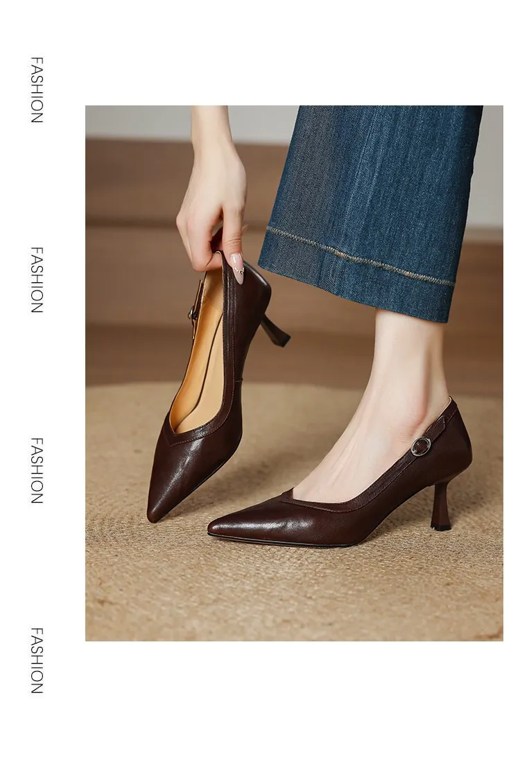 Women's stiletto heels, spring and autumn sheepskin pointed toe low-cut single shoes, plus size