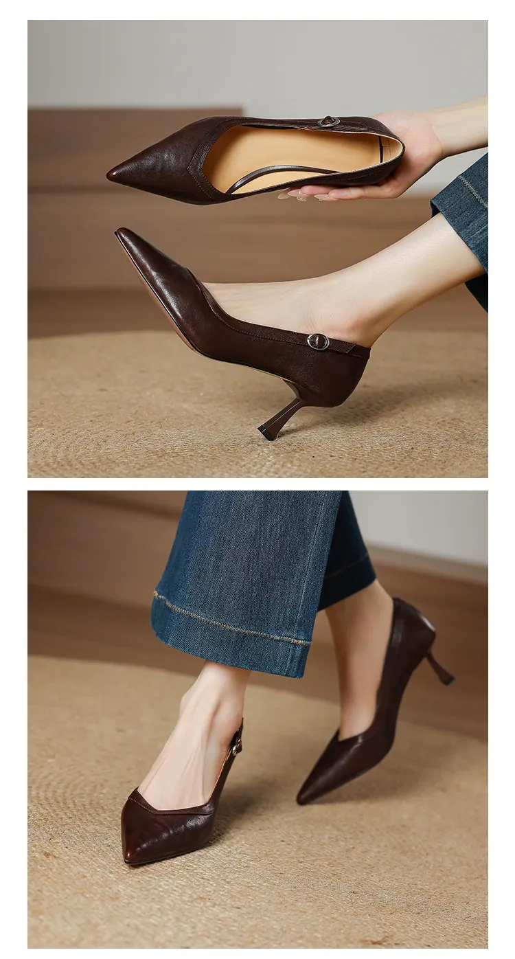 Women's stiletto heels, spring and autumn sheepskin pointed toe low-cut single shoes, plus size
