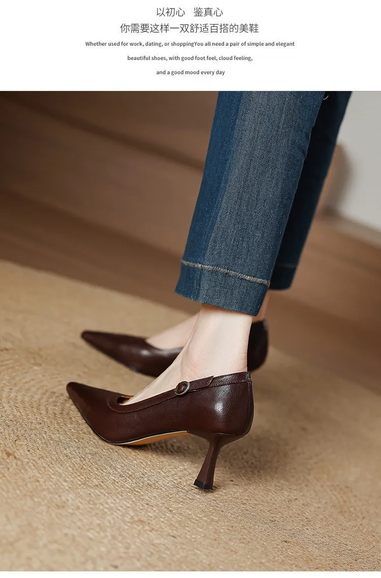 Women's stiletto heels, spring and autumn sheepskin pointed toe low-cut single shoes, plus size