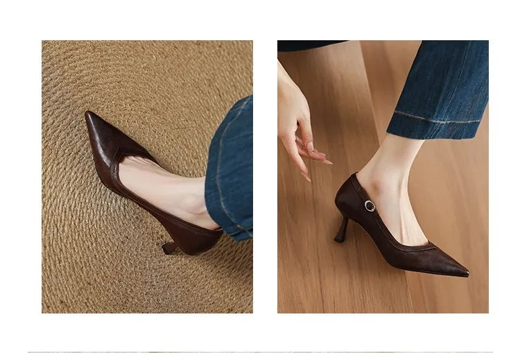 Women's stiletto heels, spring and autumn sheepskin pointed toe low-cut single shoes, plus size