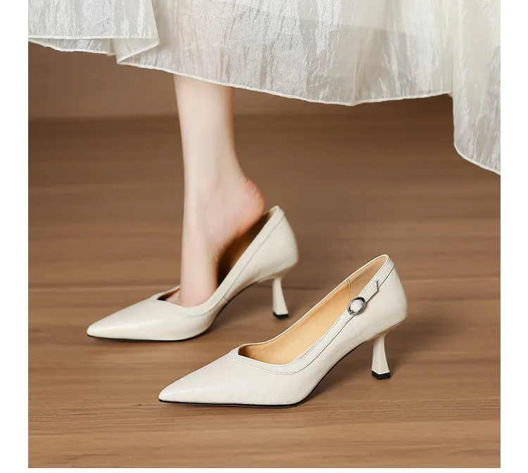 Women's stiletto heels, spring and autumn sheepskin pointed toe low-cut single shoes, plus size