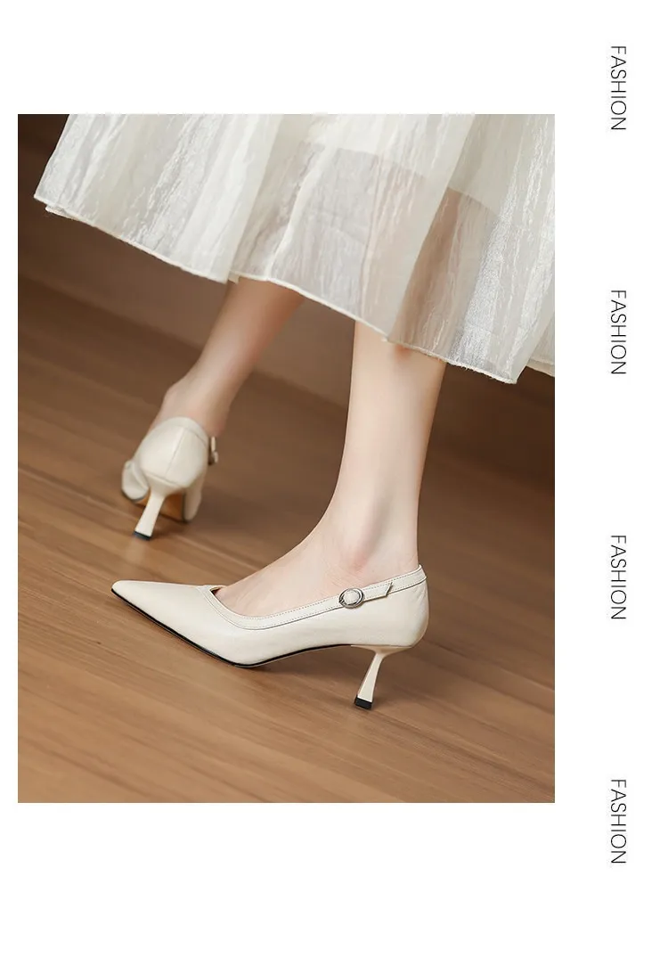 Women's stiletto heels, spring and autumn sheepskin pointed toe low-cut single shoes, plus size