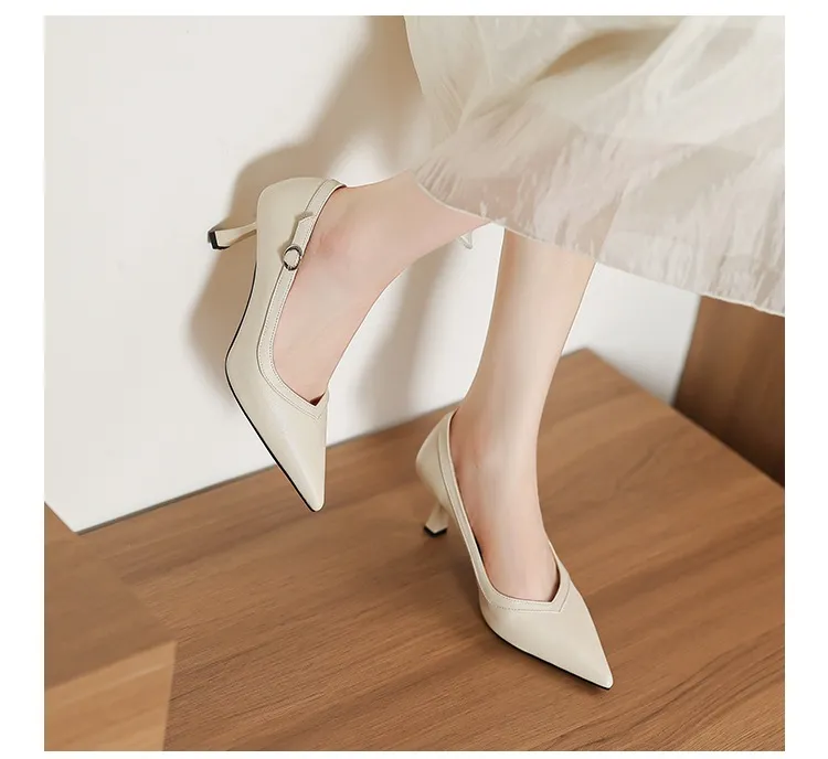 Women's stiletto heels, spring and autumn sheepskin pointed toe low-cut single shoes, plus size
