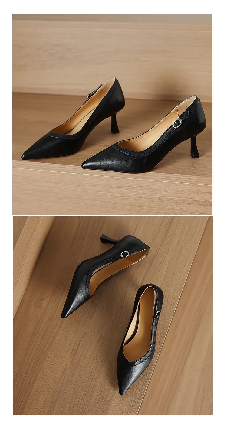 Women's stiletto heels, spring and autumn sheepskin pointed toe low-cut single shoes, plus size