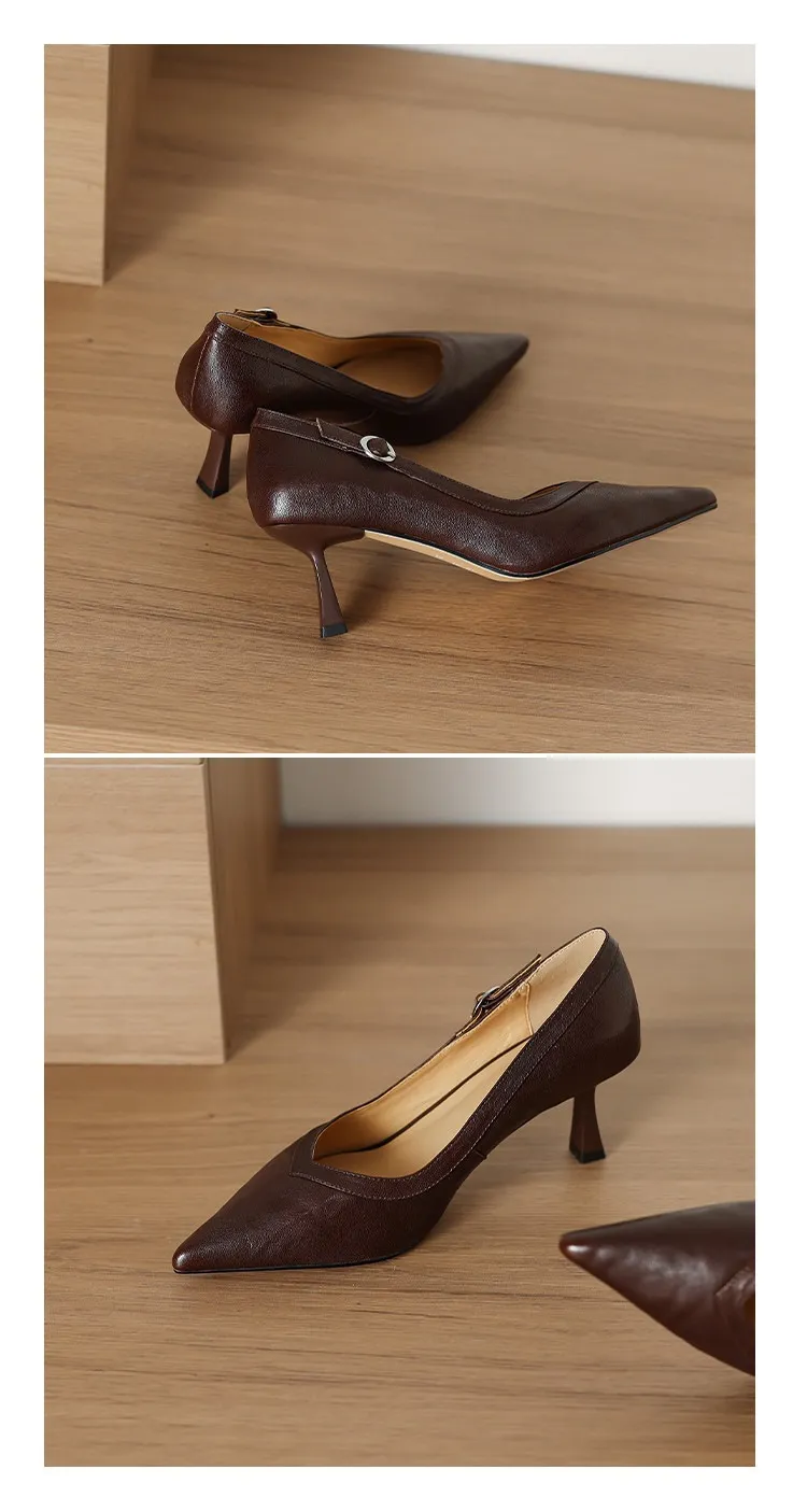 Women's stiletto heels, spring and autumn sheepskin pointed toe low-cut single shoes, plus size