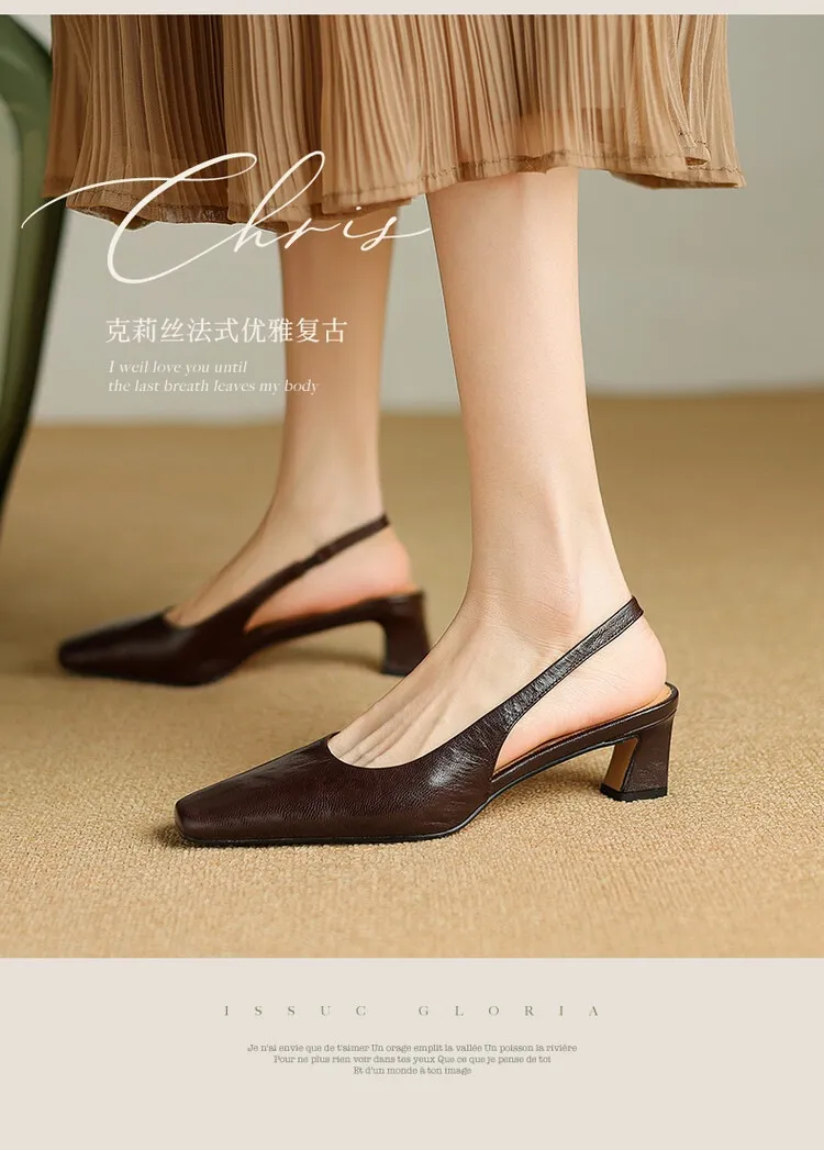 Early spring/summer women's slip-on sheepskin open-back sandals with chunky heels, Korean style square toe