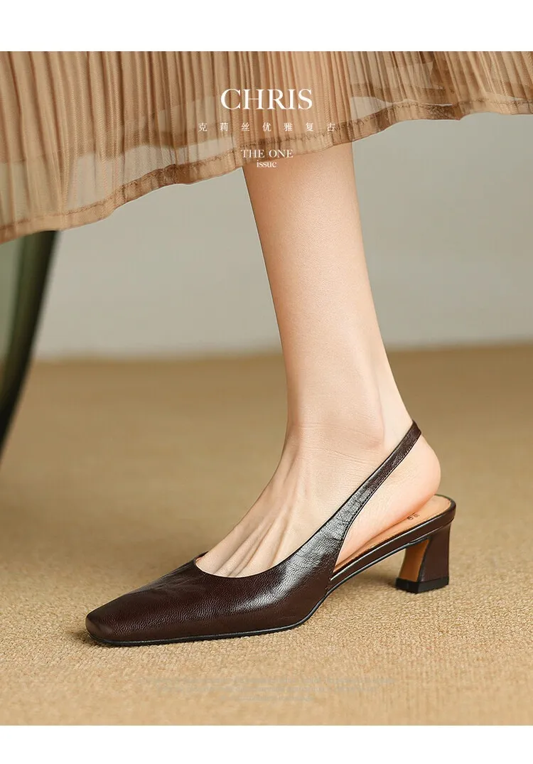 Early spring/summer women's slip-on sheepskin open-back sandals with chunky heels, Korean style square toe