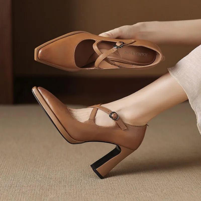 Early spring elegant pointed-toe crisscross strap high heels for women with thick soles and buckles