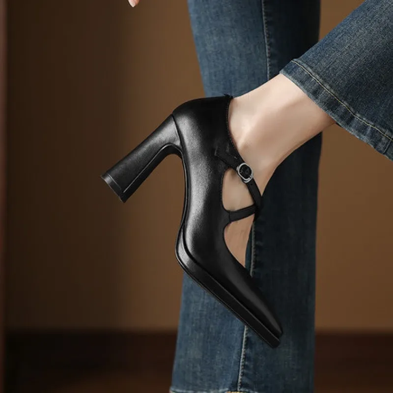 Early spring elegant pointed-toe crisscross strap high heels for women with thick soles and buckles