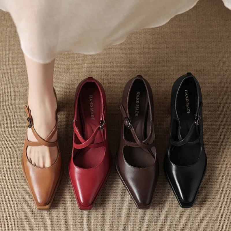Early spring elegant pointed-toe crisscross strap high heels for women with thick soles and buckles