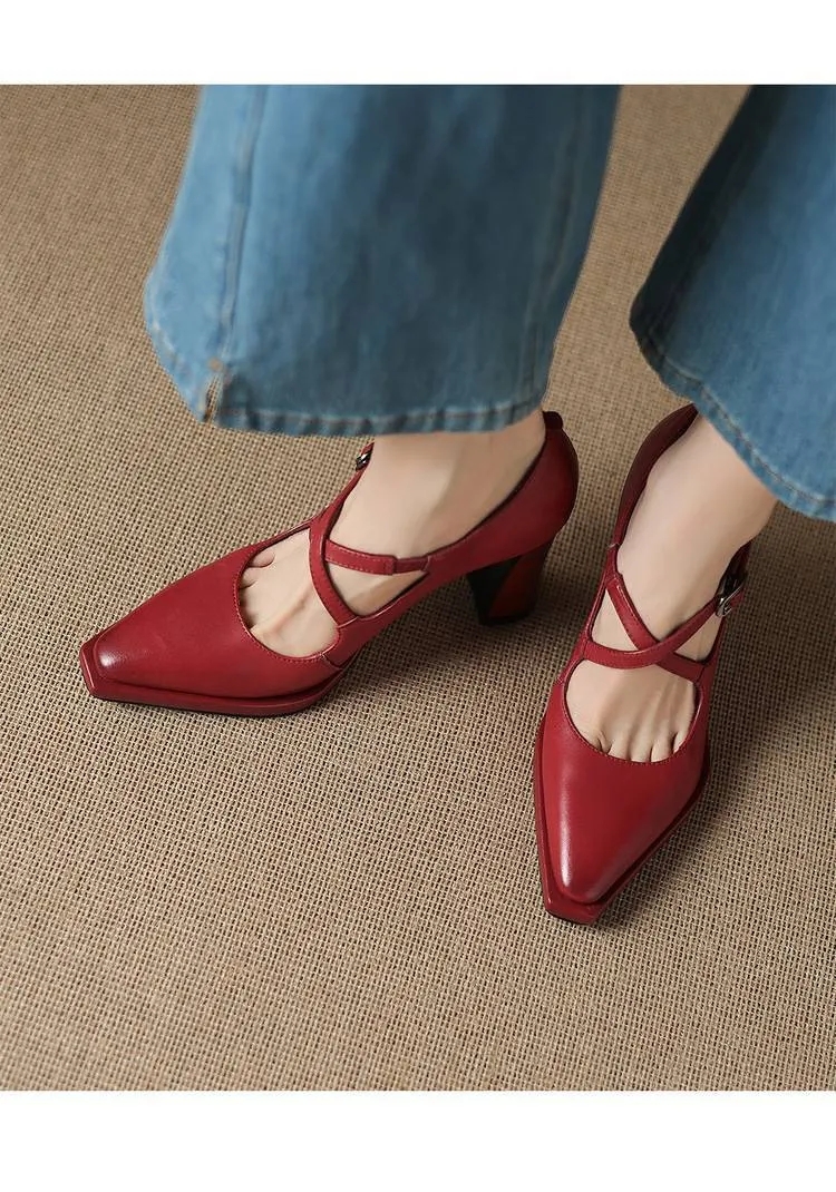 Early spring elegant pointed-toe crisscross strap high heels for women with thick soles and buckles
