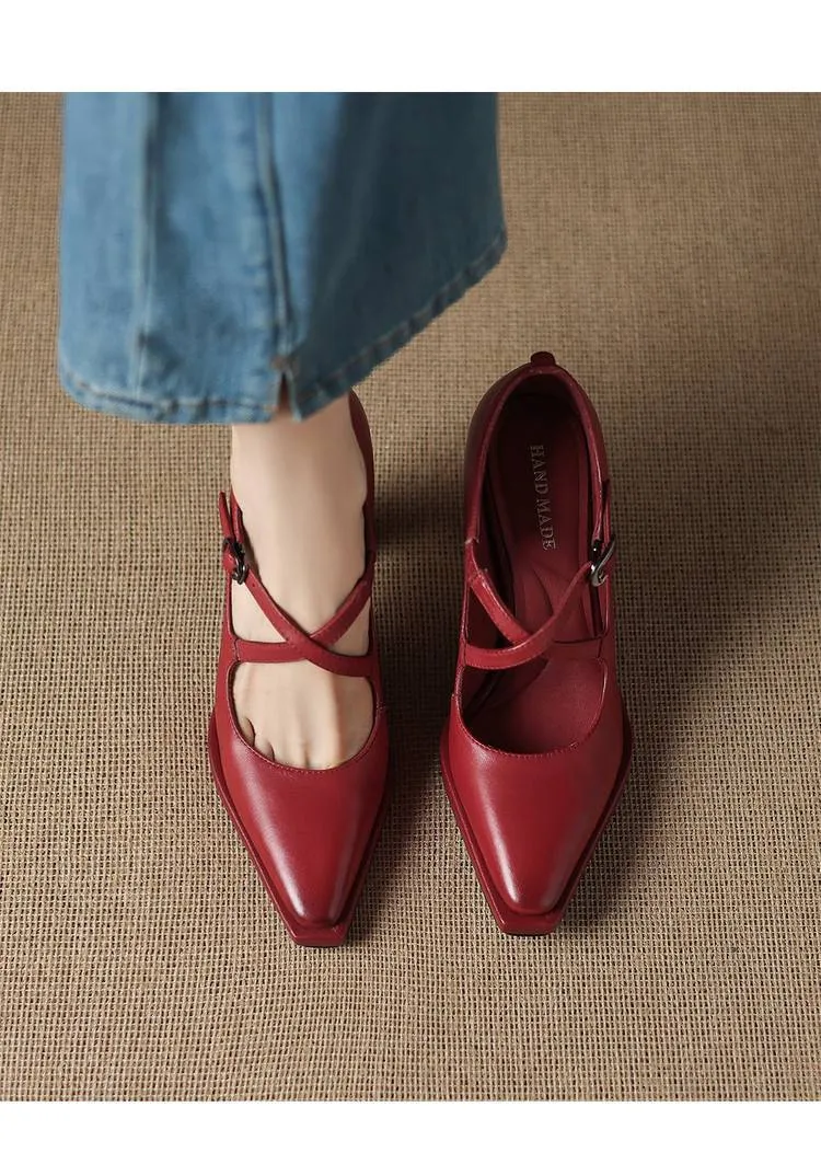 Early spring elegant pointed-toe crisscross strap high heels for women with thick soles and buckles
