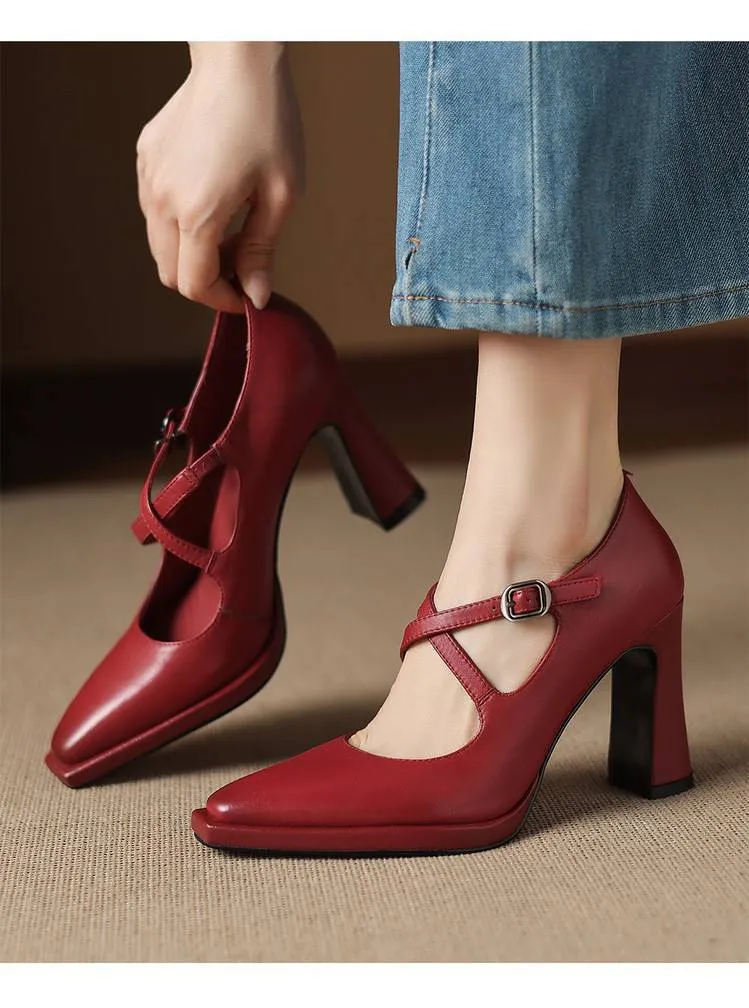 Early spring elegant pointed-toe crisscross strap high heels for women with thick soles and buckles