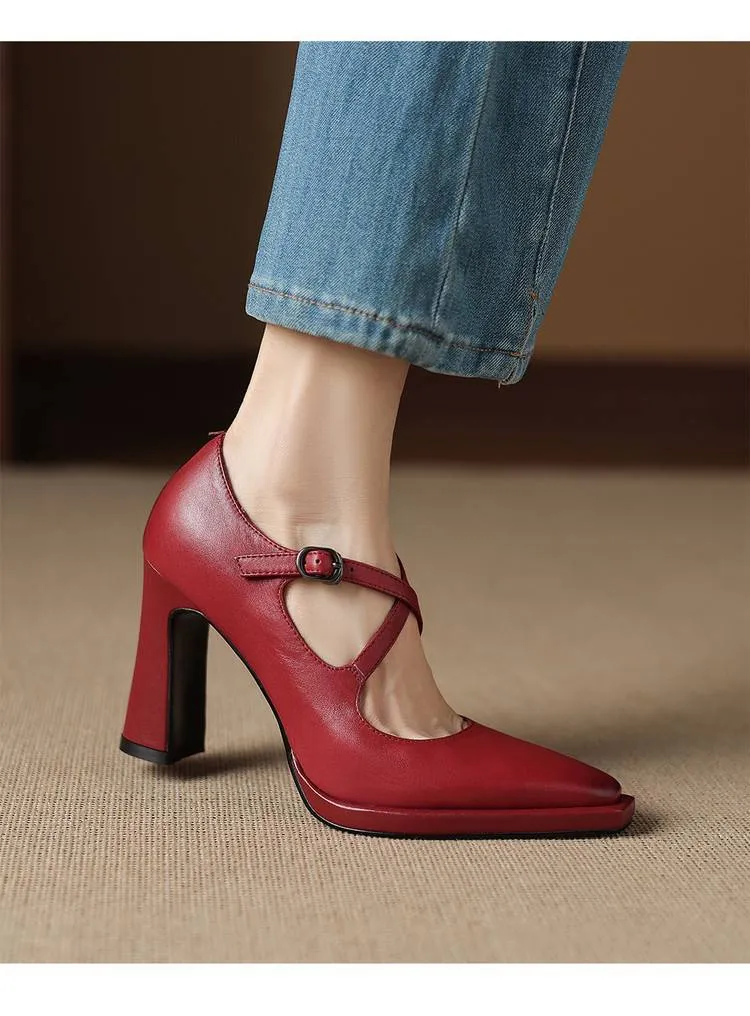 Early spring elegant pointed-toe crisscross strap high heels for women with thick soles and buckles