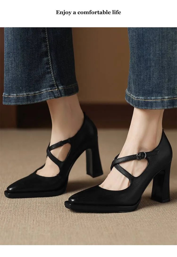 Early spring elegant pointed-toe crisscross strap high heels for women with thick soles and buckles