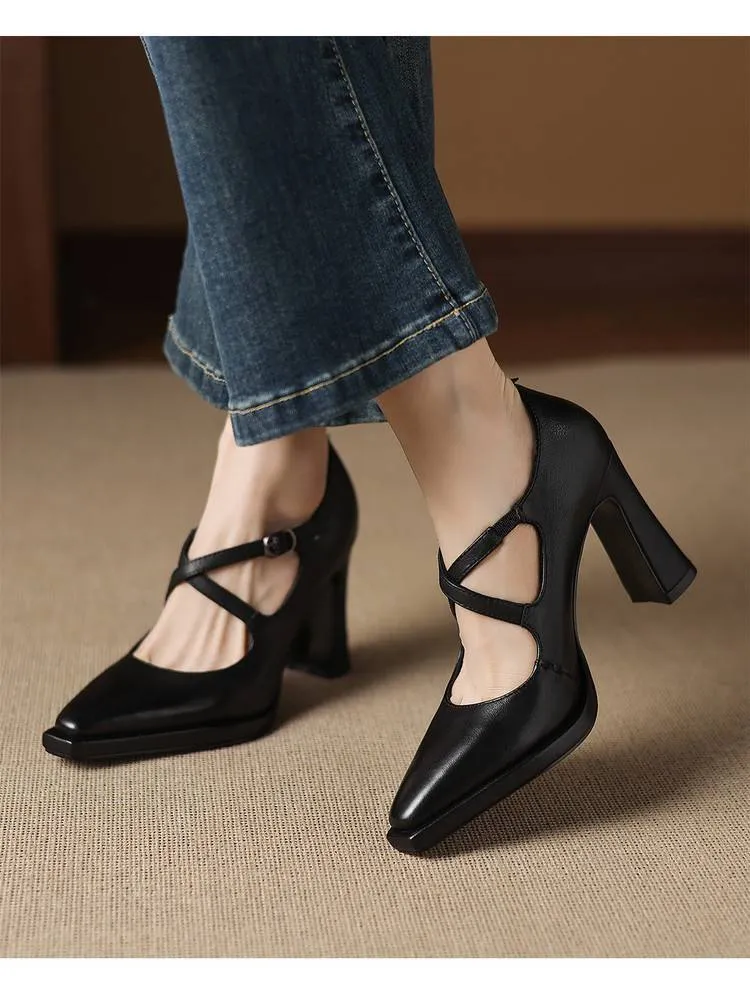 Early spring elegant pointed-toe crisscross strap high heels for women with thick soles and buckles