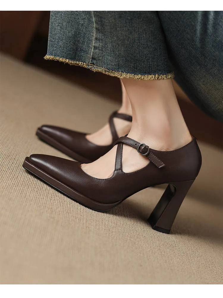 Early spring elegant pointed-toe crisscross strap high heels for women with thick soles and buckles