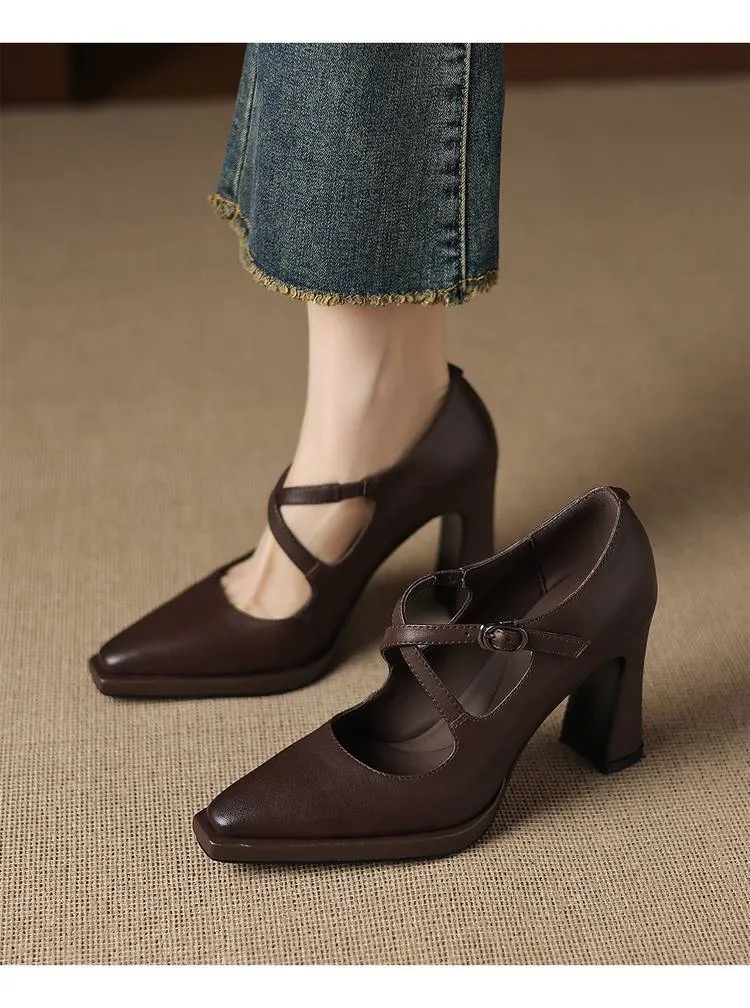 Early spring elegant pointed-toe crisscross strap high heels for women with thick soles and buckles