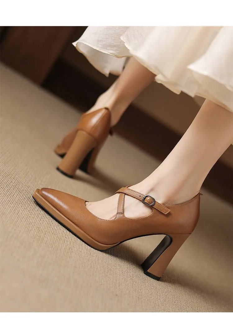 Early spring elegant pointed-toe crisscross strap high heels for women with thick soles and buckles