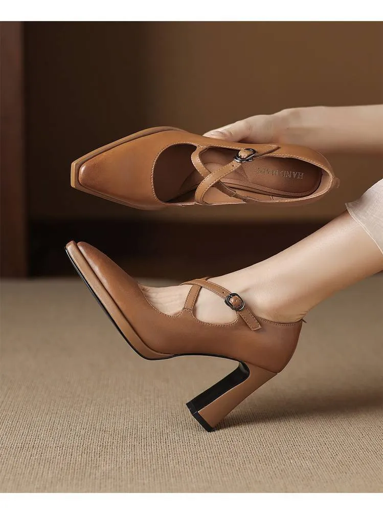 Early spring elegant pointed-toe crisscross strap high heels for women with thick soles and buckles