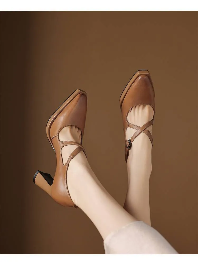 Early spring elegant pointed-toe crisscross strap high heels for women with thick soles and buckles