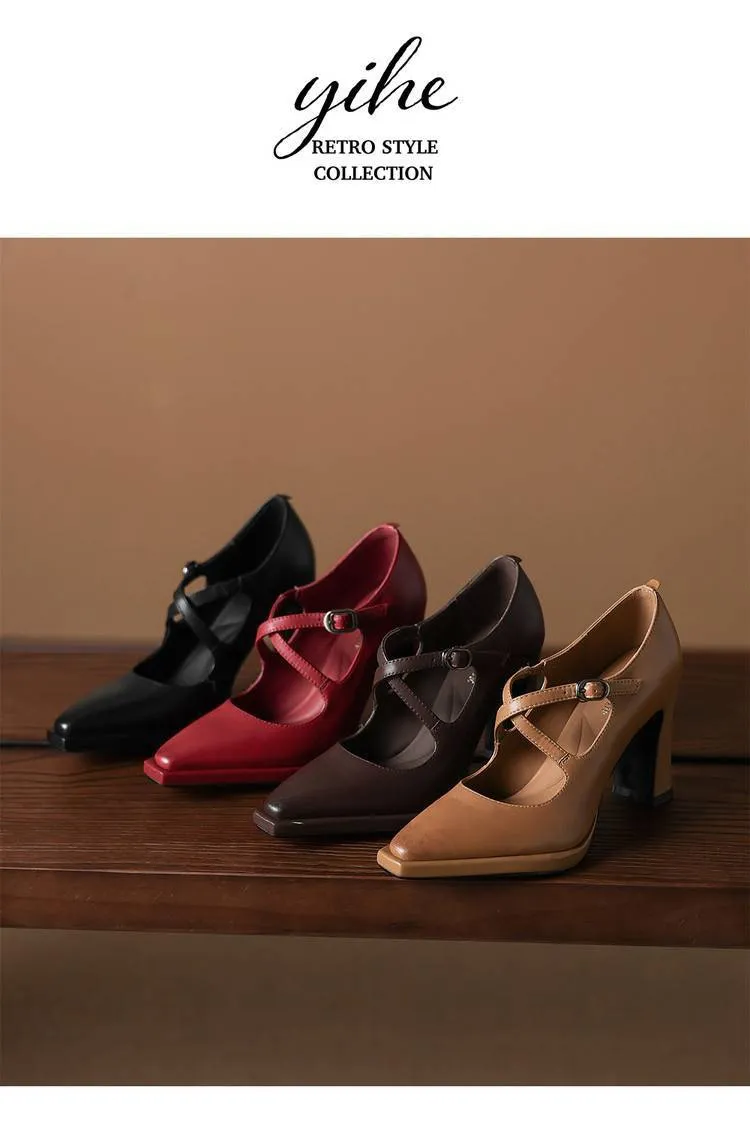 Early spring elegant pointed-toe crisscross strap high heels for women with thick soles and buckles