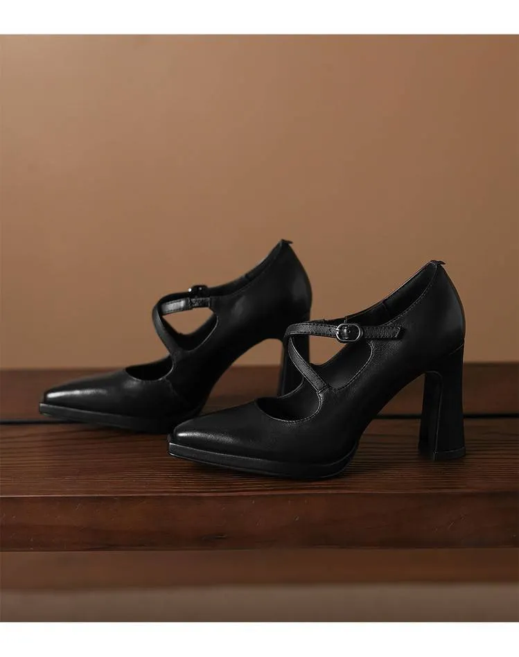 Early spring elegant pointed-toe crisscross strap high heels for women with thick soles and buckles