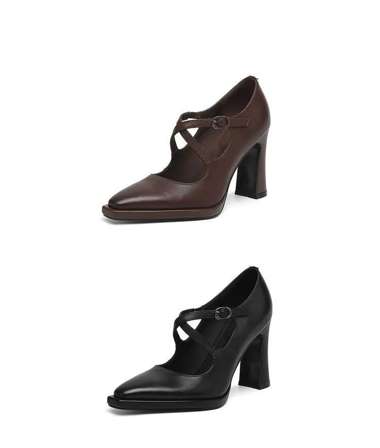 Early spring elegant pointed-toe crisscross strap high heels for women with thick soles and buckles