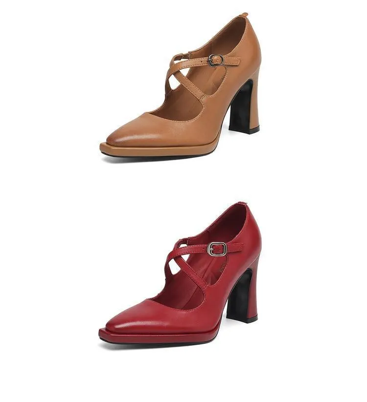 Early spring elegant pointed-toe crisscross strap high heels for women with thick soles and buckles