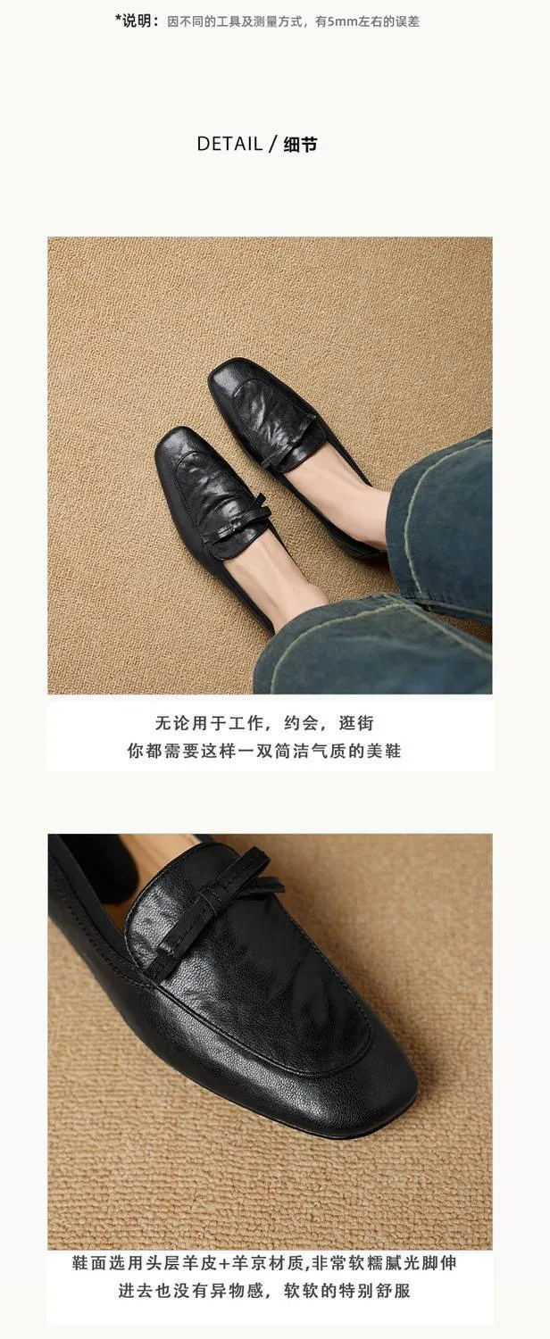 Elegant and stylish soft leather bow loafers, square toe, slip-on, fashionable and comfortable flat shoes for women, perfect for spring.