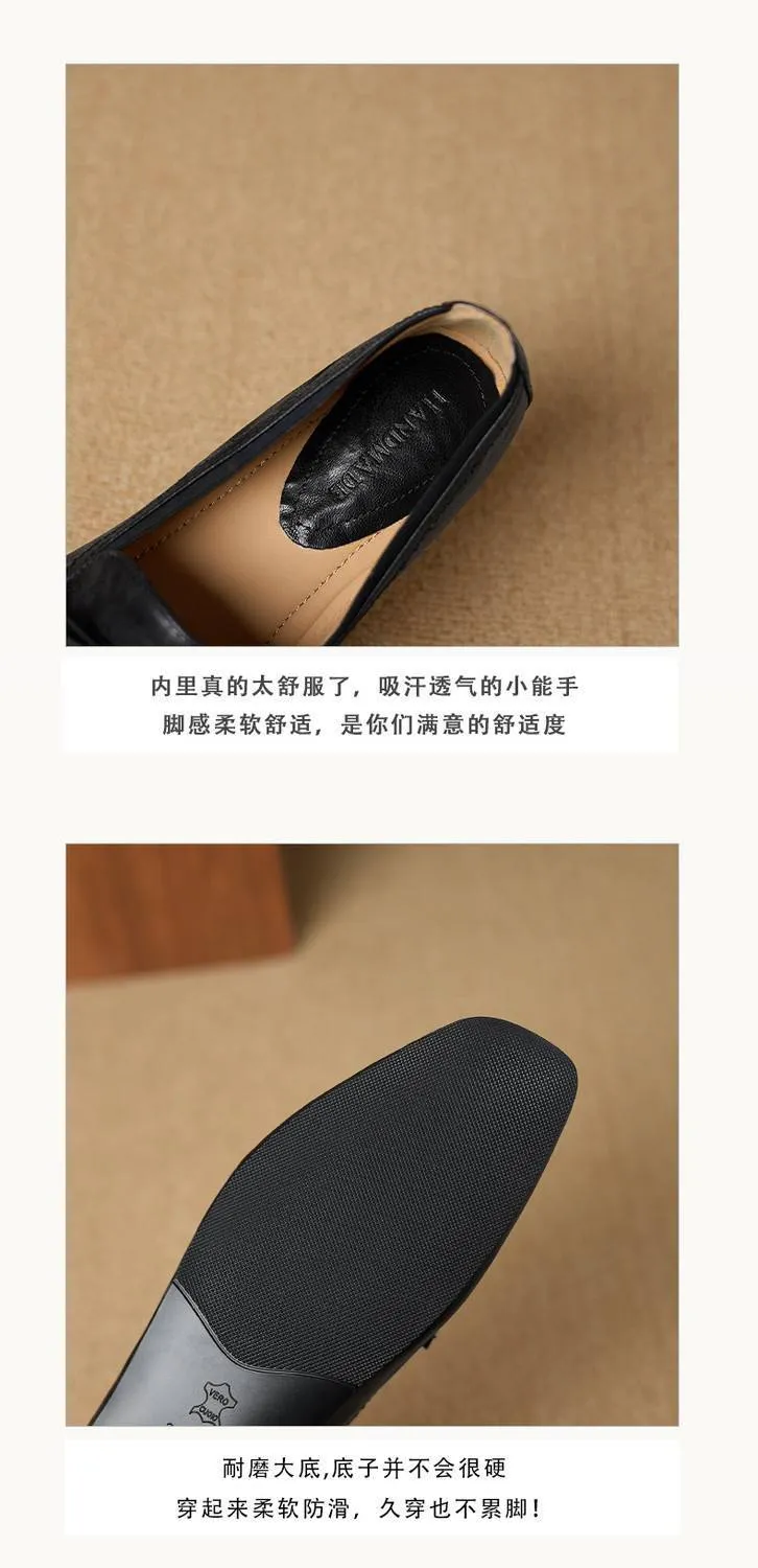 Elegant and stylish soft leather bow loafers, square toe, slip-on, fashionable and comfortable flat shoes for women, perfect for spring.